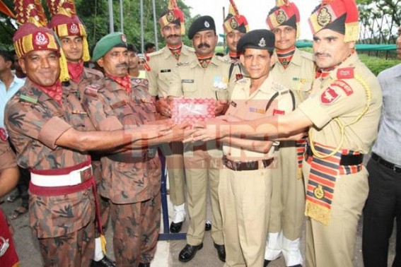 BGB and BSF personnel exchange sweets at Akhaura Border post